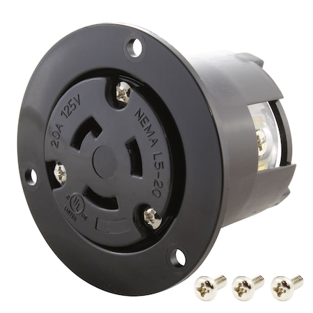 Ac Works Flanged Locking Inlet, L5-20R, 20 A, 125V AC, Screw Terminals, Black ASOUL520R
